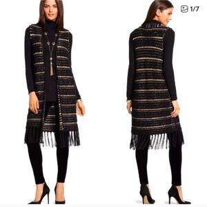 Chico’s Size 1 Women's Farren Black and Gold open Fringe Sweater Vest cardigan